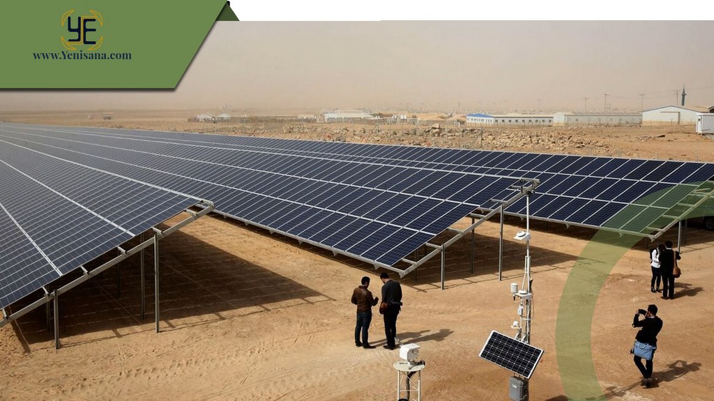 تصویری از نیروگاه خورشیدی صنعتی با پنلهای خورشیدی تمیز، سیستمهای مانیتورینگ پیشرفته، ردیابهای خورشیدی و تجهیزات ذخیرهسازی انرژی که بهرهوری بالایی دارد.